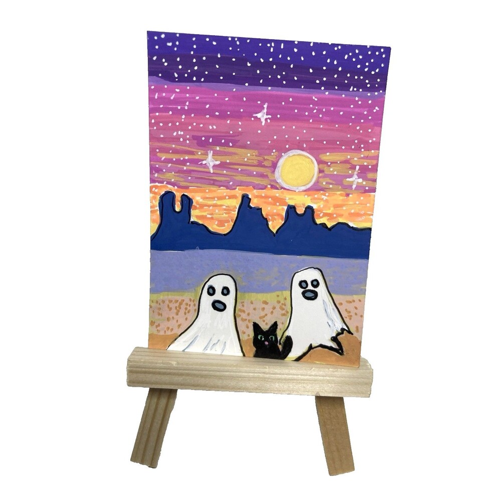 ACEO Original Art Ghost Black Cat Acrylic Painting Southwest Landscape Selfie - Picture 2 of 2